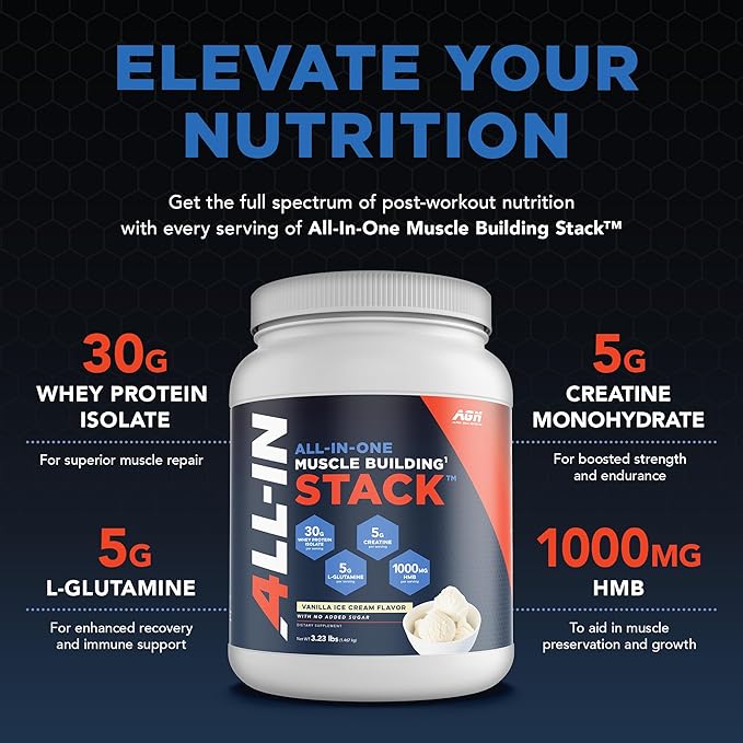 All-in-One Muscle Building Stack - Vanilla Whey Protein Isolate, Creatine Monohydrate, HMB, and L-Glutamine, 4 Products in one, Nothing Artificial, 30 Servings