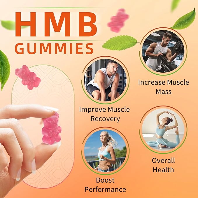 HMB and Leucine Gummies Supplement: HMB Supplements for Men 1500mg and Leucine Amino Acid for Muscle Recovery Increase Muscle Mass Improve Endurance Non-GMO Sugar Free Peach 60 Gummies