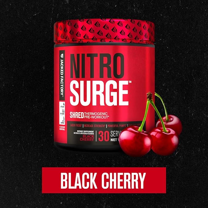 Jacked Factory Nitrosurge Pre-Workout in Black Cherry & Black Cherry Nitrosurge Shred Thermogenic Pre-Workout for Men & Women