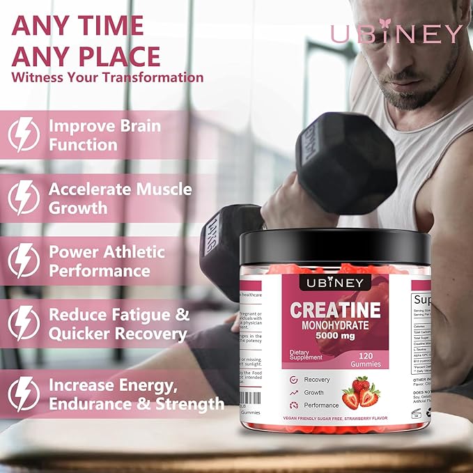 Creatine Monohydrate Gummies 5000mg – Sugar-Free, Vegan, Gluten-Free – Enhanced with Vitamin B12 & L-Taurine for Muscle Growth, Recovery & Strength – Delicious Strawberry Flavor, 120 Count