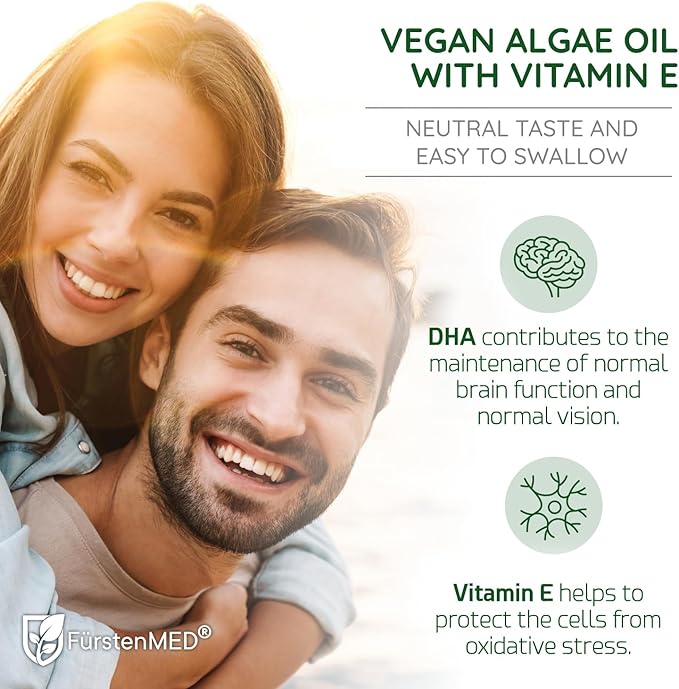 FürstenMED® Algae Oil Vegan Omega 3 - Heart, Brain & Joint Health Support - 2000mg Algae Oil of which 700mg DHA & 320mg EPA + 3,6mg Vitamin E per Daily Dose - Essential Fatty Acids