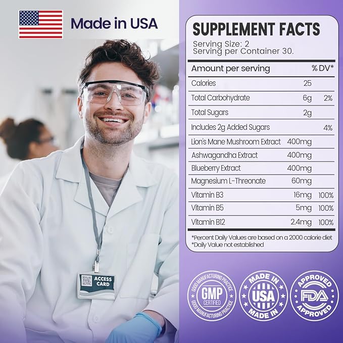 Ashwagandha & Lion's Mane Mushroom& Blueberry Gummies Vegan | Plant-Based Extracts | Non-GMO | Gluten-Free | Gelatin-Free Supports Cognitive and Memory Health