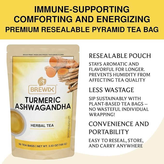 BREWIX, Turmeric Ashwagandha Herbal Tea Bags (50 Pyramid Tea Bags) Real Ingredients From India, Caffeine Free & Naturally Gluten Free | 100% Pure Herbal Blend Packed in Resealable Ziplock Pouch