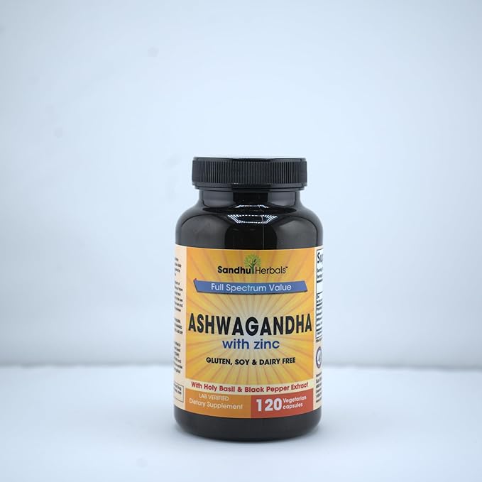 Sandhu Herbals Ashwagandha Supplement| 120 Organic 4 in 1 Capsules, 2 Months Supply| with Zinc, Black Pepper & Holy Basil Extract| Supports Immune Health| Non-GMO