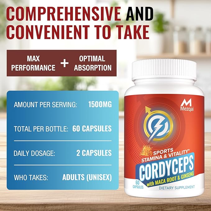 Cordyceps Mushroom Capsules - Immune & Energy Support Supplement with Cordyceps Militaris, Maca Root, Ginseng, Rhodiola, Mushroom Supplement for Endurance, Stamina, Athletic Performance, 60 Capsules