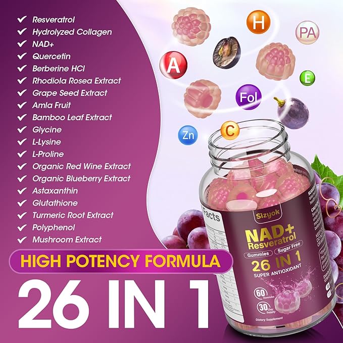 NAD Resveratrol Gummies, NAD supplements for Women with Hydrolyzed Collagen, Grape Seed, and D-Biotin Support Antioxidant Action, Anti-Aging, Cell Regeneration & Energy, Sugar-Free, 60 Gummies, 3 Pack