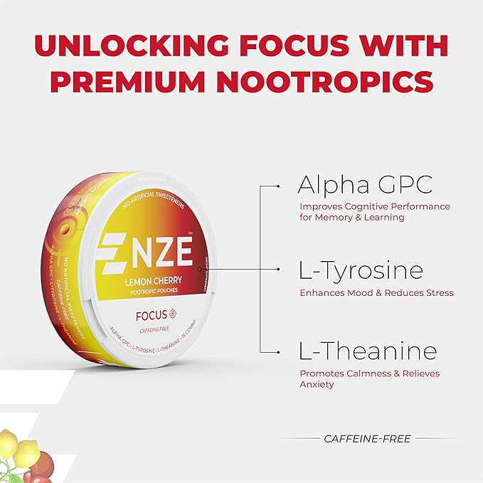 NZE Caffeine Free Nootropic Pouches (Lemon Cherry) - Nootropic Pouches with Alpha GPC, L-Tyrosine & L-Theanine - No Sugar or Artificial Sweeteners - 15 Nicotine Free Pouches Per Can - 5 Pack