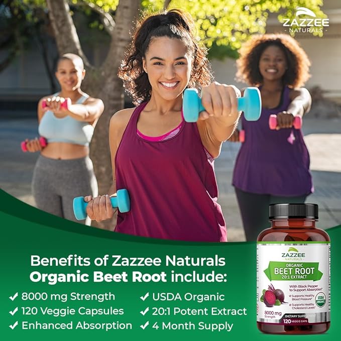 Zazzee USDA Organic Beet Root 8000 mg Strength 20:1 Extract, 120 Vegan Quick Release Capsules, Black Pepper Extract for Enhanced Absorption, Supports Nitric Oxide Production, Non-GMO, Made in The USA