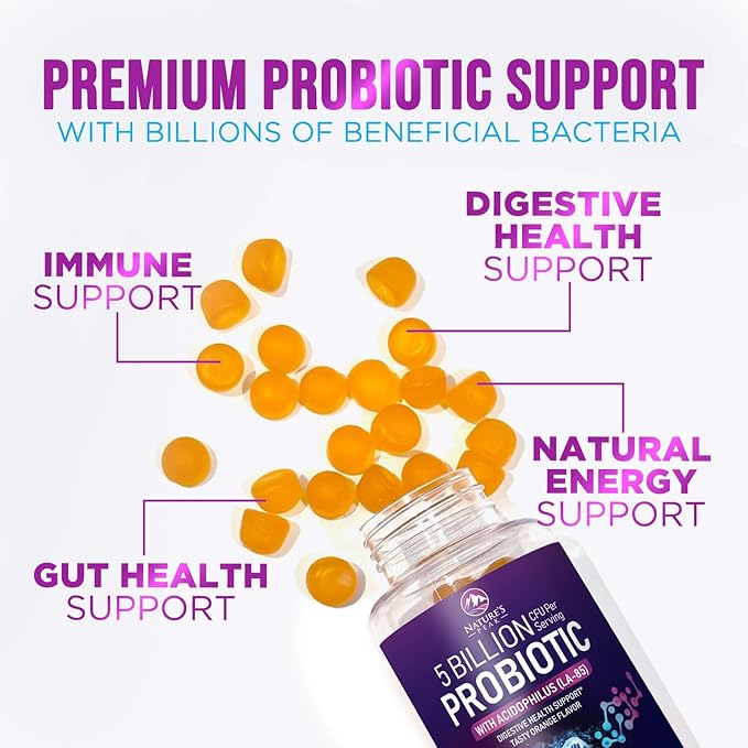 Probiotic Gummies for Women, Men & Teens - 5 Billion CFUs, 6 Probiotic Strains, Orange Flavor - Daily Gummy Probiotics Supplement for Natural Digestive Health, “Good” Gut & Immune Support - 60 Count