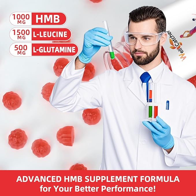 HMB and Leucine Gummies Supplements: HMB and Leucine Amino Acid for Men Women with L-Glutamine for Muscle Growth Fast Workout Recovery, Sugar Free Vegan Non-GMO Strawberry Flavored 30 Day Supply