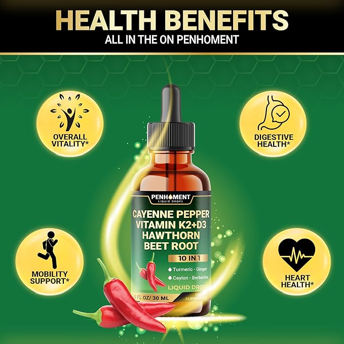 10in1 Cayenne Pepper Liquid Drops with Hawthorn Berry, Vitamin D3, Vitamin K2, Beet Root, Turmeric, Ginger and More - Digestion Support - 1 Fl Oz - 2 Months Supply