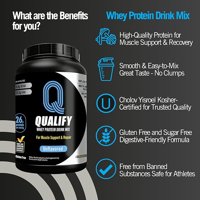 Unflavored Whey Protein Powder. Post Workout Recovery Drink, Gluten & Sugar Free, Highly Kosher, 25g Protein. Essential Amino Acids - 5.5g BCAA, 2.7g Leucine, 1.4g Isoleucine, 1.4g Valine 26.4 Ounce