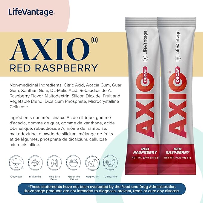 LifeVantage - AXIO - Regular Energy Drink Powder, Red Raspberry - with B Vitamins, DMAE, L-Theanine, Quercetin, Green Tea and Pine Bark - 30 Packets