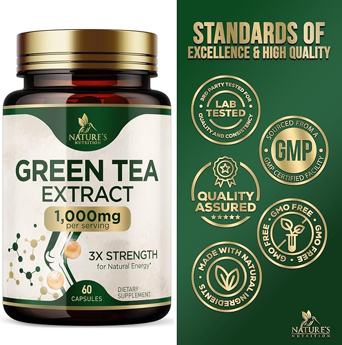 Green Tea Extract Supplement Pills 1000mg - 98% Standardized EGCG with Polyphenols - 3X Strength for Natural Energy - Supports Heart and Antioxidant Health - Nature's Gentle Caffeine - 60 Capsules
