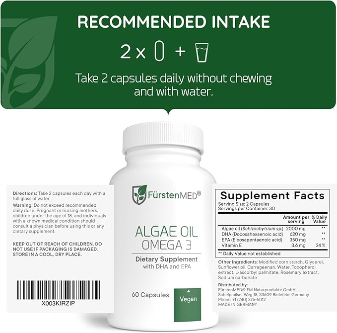 FürstenMED® Algae Oil Vegan Omega 3 - Heart, Brain & Joint Health Support - 2000mg Algae Oil of which 700mg DHA & 320mg EPA + 3,6mg Vitamin E per Daily Dose - Essential Fatty Acids