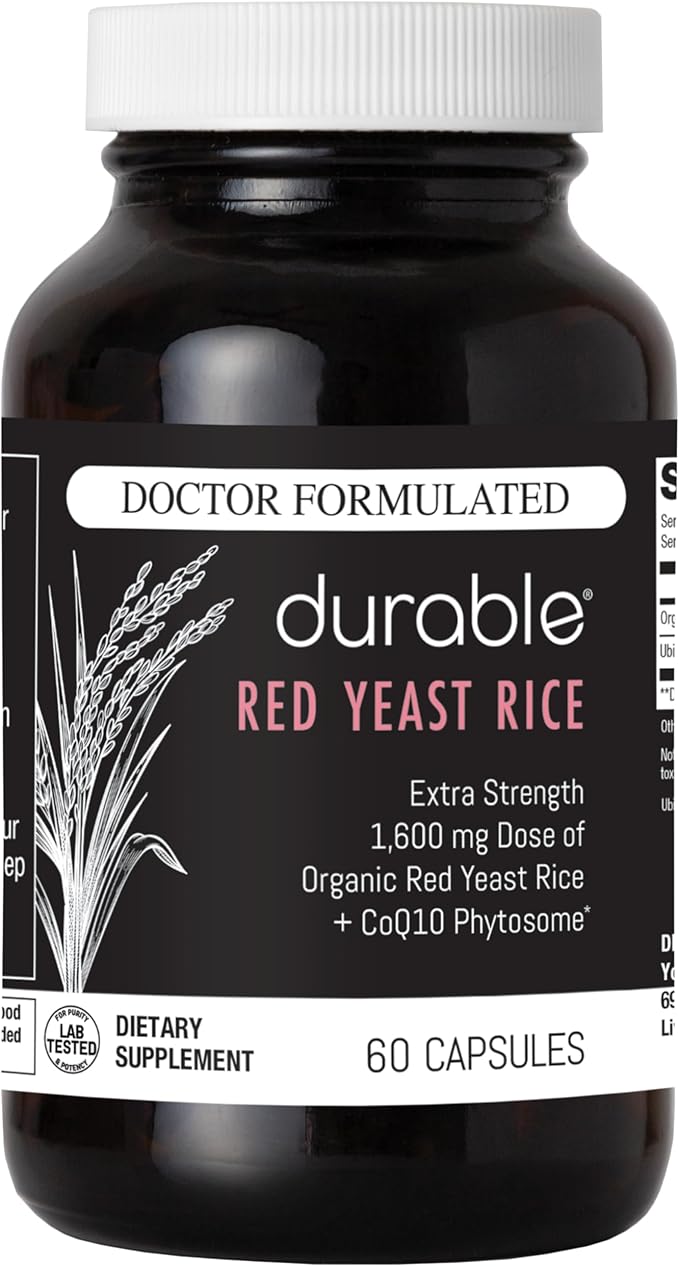 Durable Red Yeast Rice - Enhanced with CoQ10, Extra Strength Management, Heart Health, Healthy Blood Flow - 1600mg Organic Red Yeast Rice + 50 mg KanekaQ10 CoQ10 - (60 Count (Pack of 1))