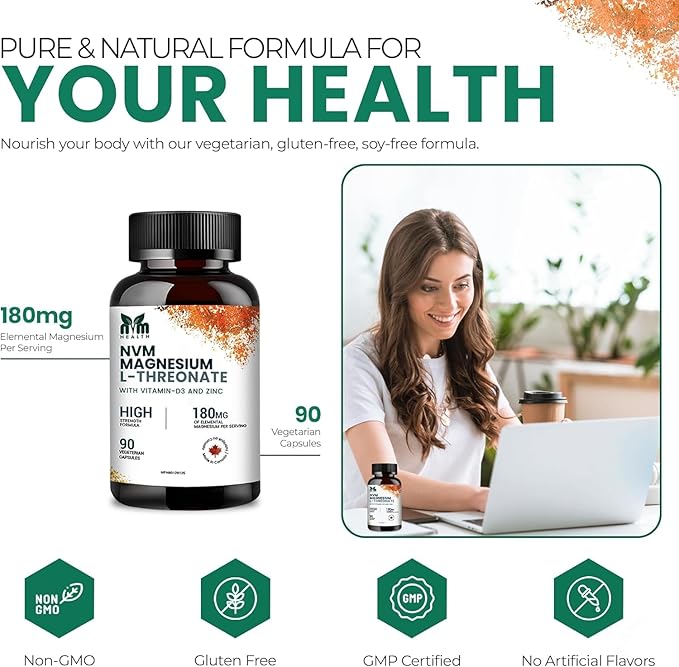 Magnesium l-threonate with Vitamin D3 and Zinc for Sleep Support, Muscle Functions, Electrolyte Balance and Immune Support I Gluten Free, Non- GMO, 90 Vegetarian Capsules