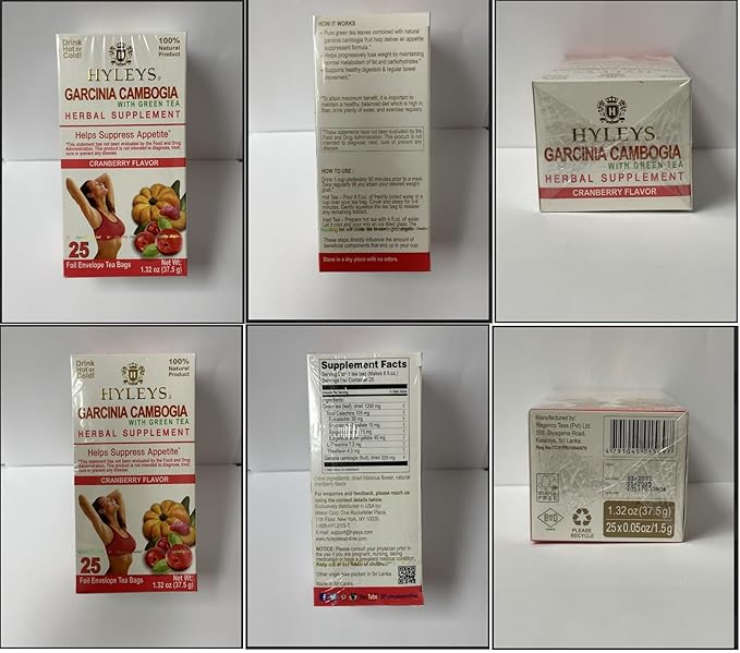 HYLEYS Tea Garcinia Cambogia Green Tea Cranberry Flavor - 25 Tea Bags (6 Pack - 150 Tea Bags Total)