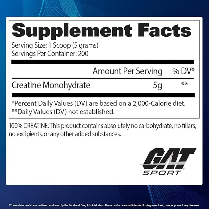 GAT SPORT Creatine Monohydrate Powder 1000 Grams, Strength, GLP1 Support, Brain Health, Anti-oxidant, Endurance, for Men & Women, 1 Kilo, Unflavored