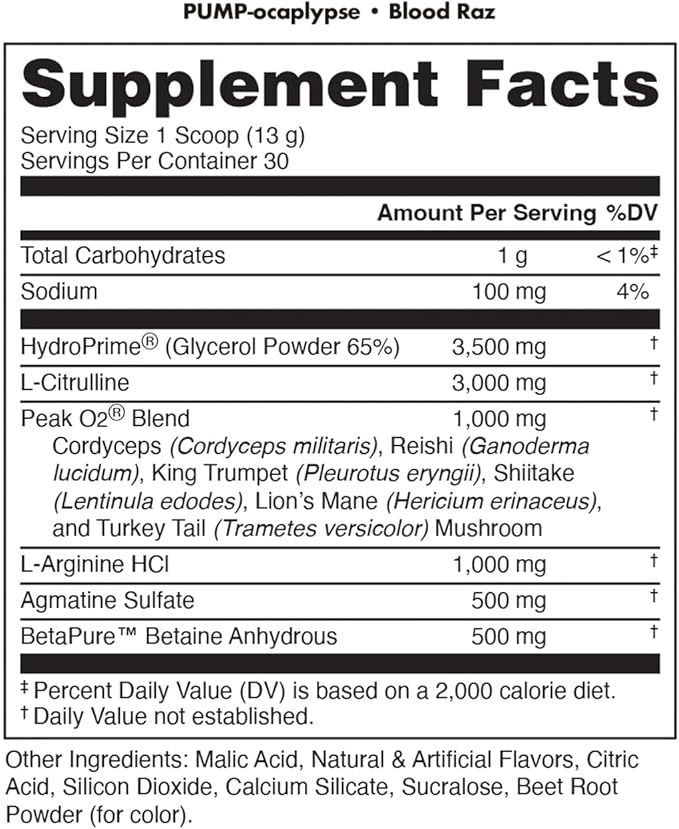 Pump-ocalypse Blood Raz | Nitric Oxide and L Arginine Supplement with Citrulline Malate, GlycerPump | Ultimate N.O. Booster | Lean Muscle Support for Blood Flow, Vascularity, Hydration and Endurance