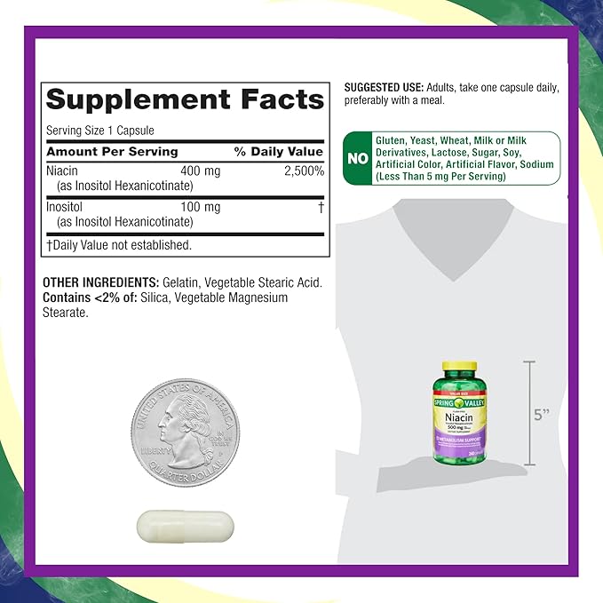 Spring Valley Vitamin B3 Niacin 500mg Flush Free Capsules, Dietary Supplement 240 Pills (Pack of 1)