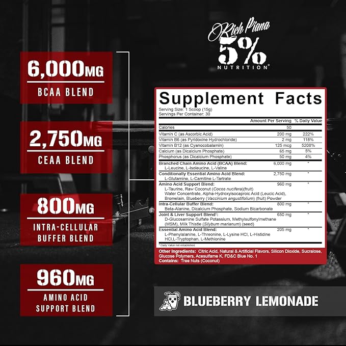 5% Nutrition Rich Piana AllDayYouMay BCAA Powder | Premium Intra & Post Workout Amino Acids, Hydration, Endurance, Muscle Recovery, Joint & Liver Support | 15.9 oz, 30 Servings (Blueberry Lemonade)