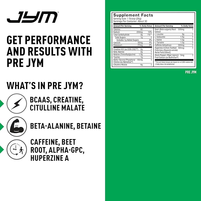 JYM Supplement Science Pre JYM Strawberry Kiwi Pre Workout Powder - BCAAs, Nootropics, Creatine HCI, Citrulline, Beta-Alanine, Betaine, Taurine, Huperzine 30 Servings