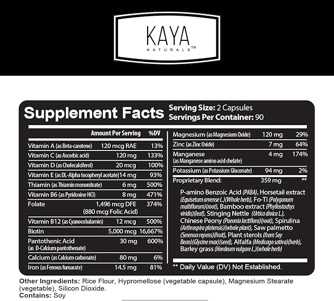 Kaya Naturals Hair Skin Nail Capsules BIOTIN Vitamin D Vitamin B-12 A Folic Acid Support, Hair Support Vitamin Supplement - 180 Count