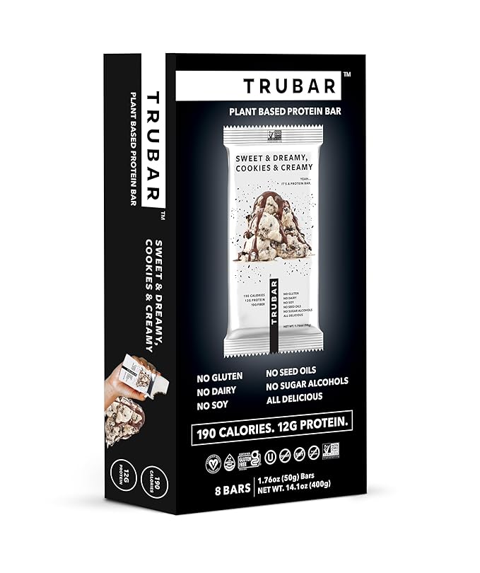 TRUBAR Vegan Protein Bar, Sweet & Dreamy Cookies and Creamy, Gluten Free, Plant Based Protein, Dairy Free, Non GMO, Soy Free, No Sugar Alcohols, 12G Protein, 12G Fiber, 23G Carb, On the Go Snack Bars, 8ct