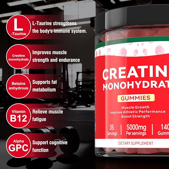 Creatine Monohydrate Gummies for Men & Women, 140 Gummies, Strength and Endurance Enhancing Creatine Gummies, Gluten Free, Sugar Free, Strawberry Flavor