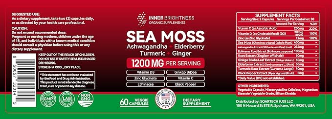All-in-1 Irish Sea Moss Pills with Ashwagandha, Ginkgo Biloba, Turmeric & Vitamin C for Energy, Focus & Immune Support - 60ct Sea Moss Pills