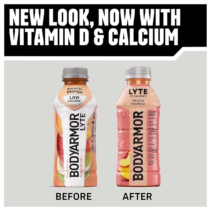 BODYARMOR LYTE Sports Drink Low-Calorie Sports Beverage, Peach Mango, Coconut Water Hydration, Natural Flavors With Vitamins, Potassium-Packed Electrolytes, Perfect For Athletes, 20Fl Oz (Pack of 6)