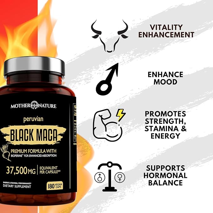 Mother Nature 37,500mg 50x Strength Organic Highly Concentrated Peruvian Black Maca Root Capsules for Men 100% Pure Maca Peruana 50:1 Extract to Boost Stamina, Enegy, Muscle Gain - 180ct