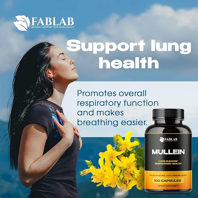 FabLab Mullein Leaf Capsules Supports Healthy Respiratory Function & Immune System Organic Mullein Lung Cleanse Herbal Supplement (100 Capsules)