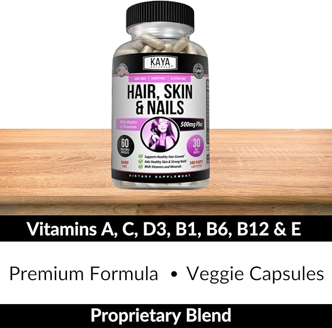 Kaya Naturals Hair Skin Nail Capsules BIOTIN Vitamin D Vitamin B-12 A Folic Acid Support, Hair Support Vitamin Supplement