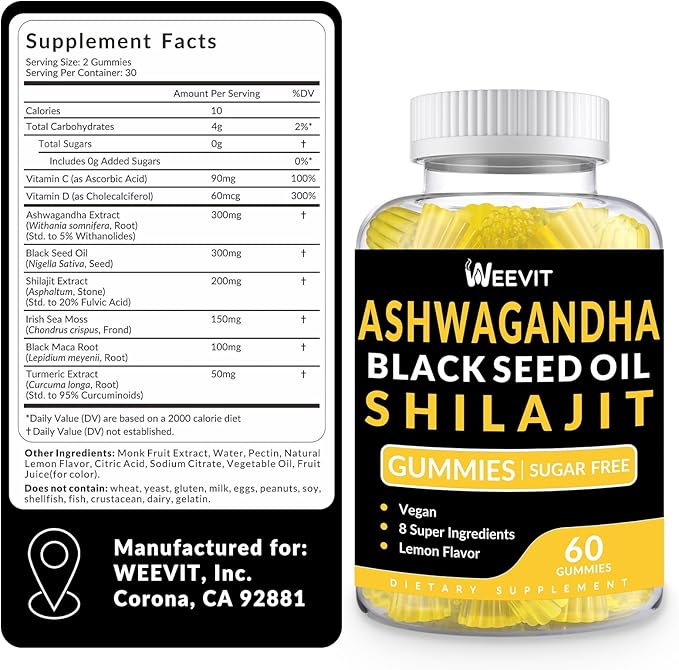Ashwagandha Gummies, Shilajit Black Seed, Sea Moss, Maca Root, Turmeric, All in One Supplement