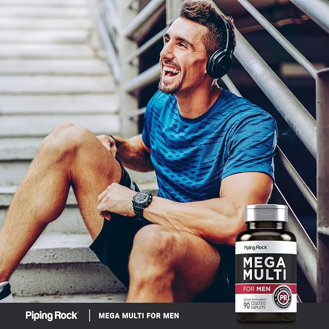Piping Rock Multivitamin for Men | 90 Caplets | Mega Multimineral Daily Supplement | with Vitamin D, Zinc, Saw Palmetto | Non-GMO, Gluten Free