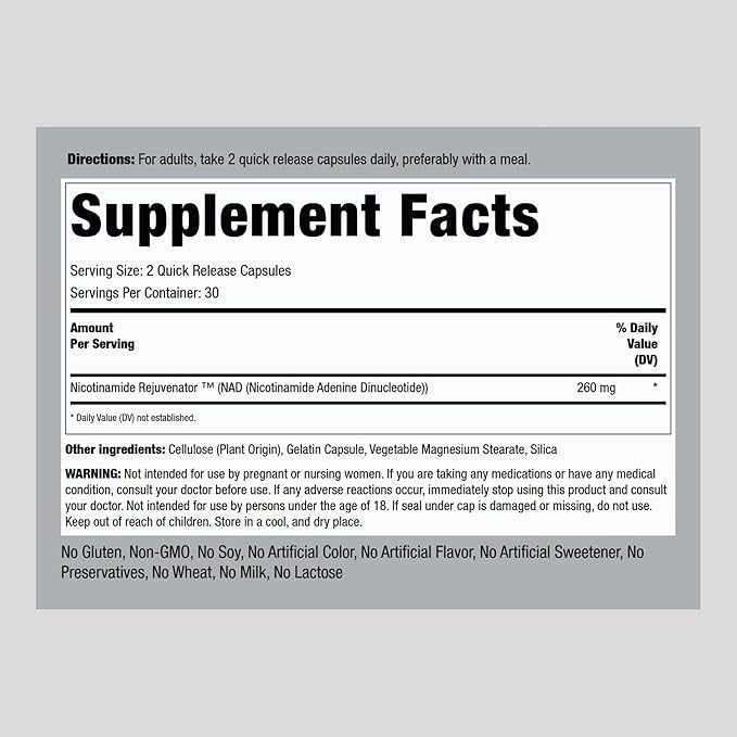 Piping Rock NAD Supplement for Women and Men | Nicotinamide Adenine Dinucleotid | 60 Capsules | Rejuvenator | Non-GMO, Gluten Free