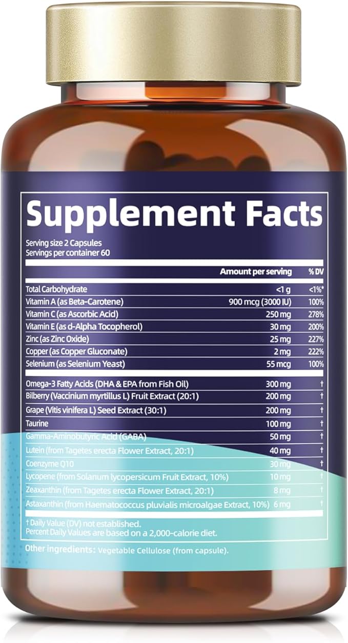AREDS 2 Eye Vitamins and Mineral, Bilberry Extract, Omega-3, Eye Vitamins for Seniors Macular Health and Dry Eye, Eye Vitamins Lutein and Zeaxanthin Support Eye Strain & Hydration (120 Capsules)