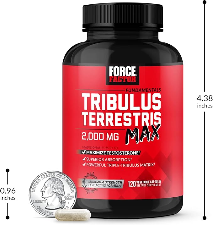 FORCE FACTOR Tribulus Terrestris Max for Men, Testosterone Booster and Male Vitality Supplement, for Superior Absorption, 2000mg, 120 Capsules