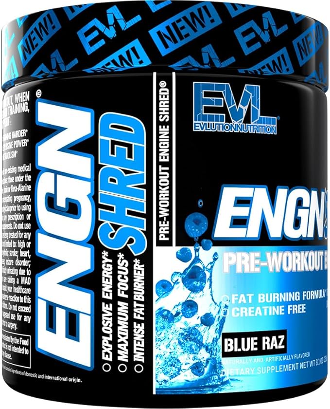EVL Ultimate Pre Workout Powder - Thermogenic Fat Burn Support Preworkout Powder Drink for Lasting Energy Focus and Stamina - ENGN Shred Intense Creatine Free Preworkout Drink Mix - Blue Raz