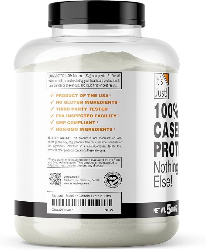 It's Just! - 100% Casein Protein Powder, Made in USA, No Added Flavors or Sweeteners (Unflavored, 5 Pound (Pack of 1))