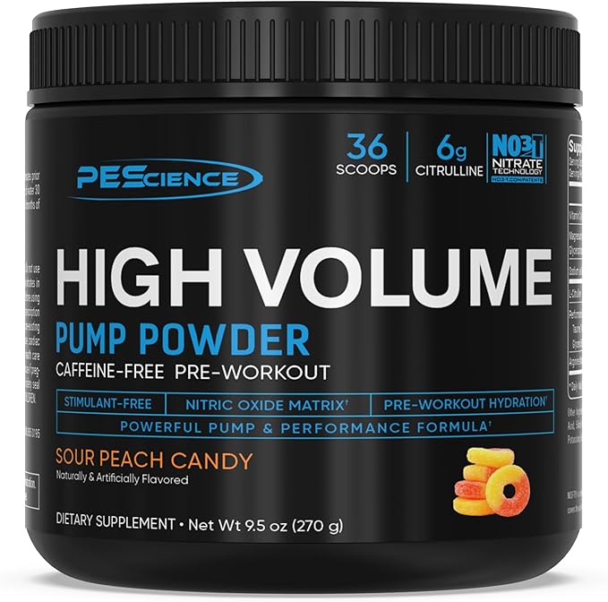 PEScience High Volume Stim-Free Pre Workout, Nitric Oxide Booster with L Citrulline & L Arginine Nitrate, Non-Stim Preworkout for Men and Women, 36 Scoops, Sour Peach Candy