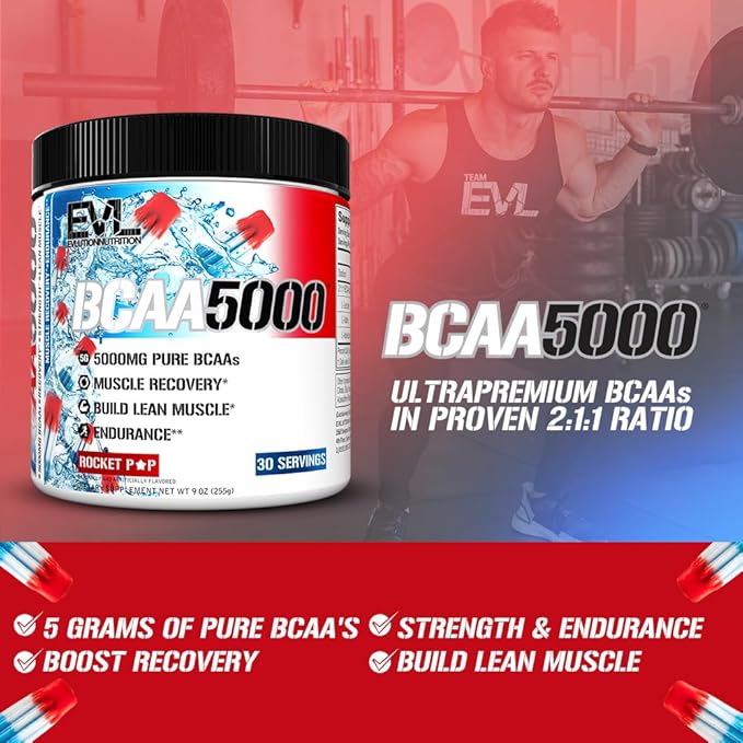 Evlution EVL BCAAs Amino Acids Powder - BCAA Powder Post Workout Recovery Drink and Stim Free Pre Workout Energy Drink Powder - 5g Branched Chain Amino Acids Supplement for Men - Rocket Pop