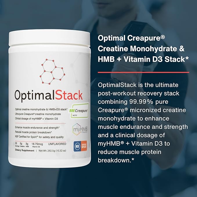 OptimalStack Creatine Monohydrate, HMB, & Vitamin D3 Stack | with Creapure Creatine, Clinical Dosage of myHMB, and Vitamin D3 | NSF for Sport Certified | Unflavored, 30 Servings