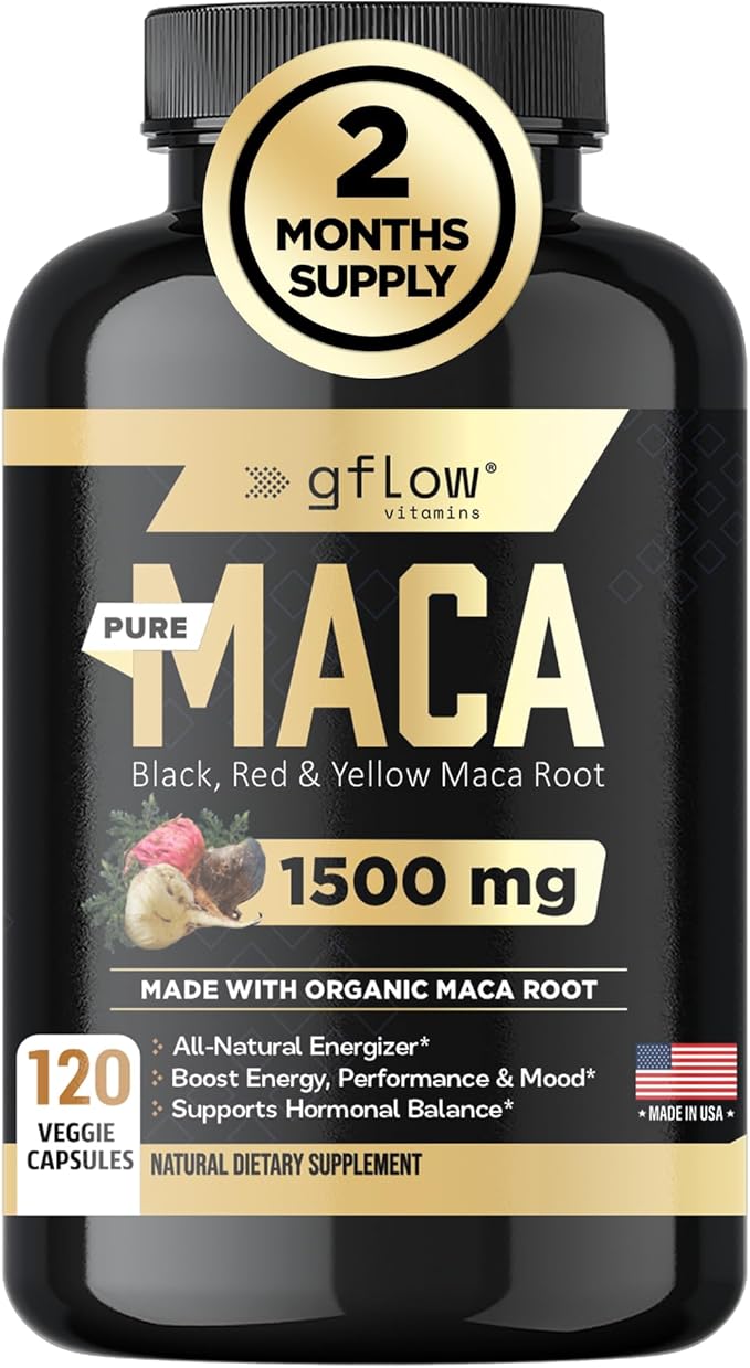 Organic Maca Root Capsules 1500mg - Made with Black, Red, Yellow Peruvian Maca Root Extract & Black Pepper - 120 Vegan Pills - Supports Energy, Performance & Mood for Men & Women