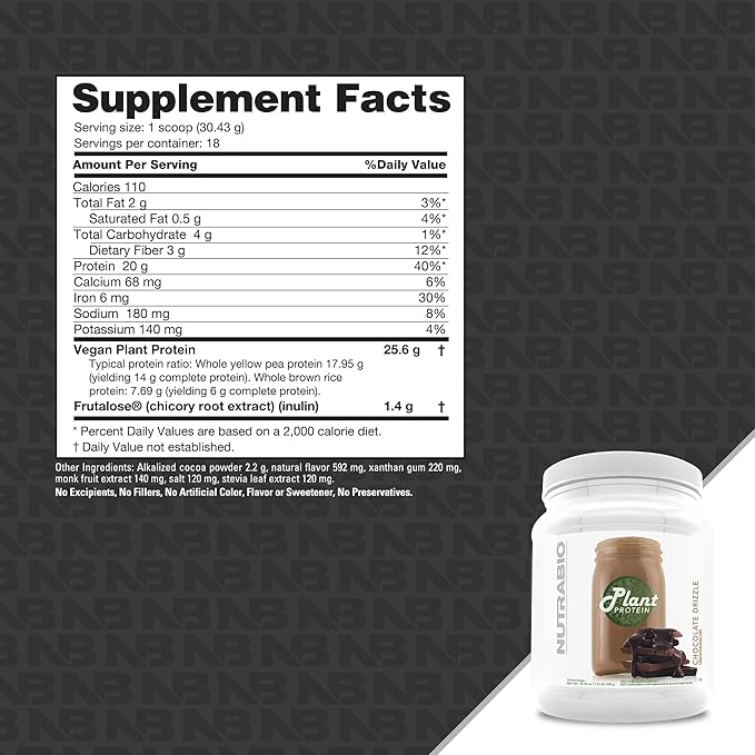 NutraBio Plant Protein Powder– Vegan Protein Powder – 20G of Protein per Scoop –Organic, Lactose Free and Dairy Free- Chocolate Drizzle 18 Servings