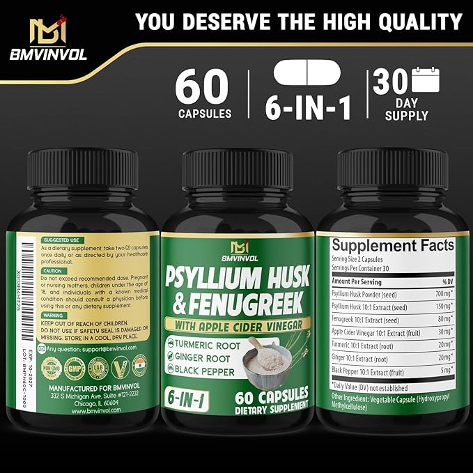 BMVINVOL 6in1 Psyllium Husk, Fenugreek, Apple Cider Vinegar, Turmeric, Ginger, Black Pepper - Soluble Fiber for Supports Digestive Health & Regularity (60 Capsules)