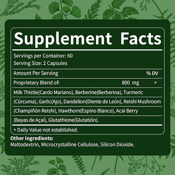 Berberine with Milk Thistle Liver Detox Capsules, Berberina y Alcachofa y Cardo Mariano con Silimarina para el Higado Graso, Liver Cleanse Detox & Repair Formula w/Turmeric Extract. 120Count