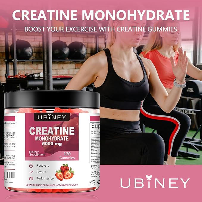 Creatine Monohydrate Gummies 5000mg – Sugar-Free, Vegan, Gluten-Free – Enhanced with Vitamin B12 & L-Taurine for Muscle Growth, Recovery & Strength – Delicious Strawberry Flavor, 120 Count